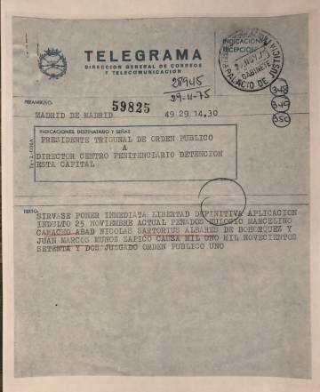 Telegrama de 1975 en el que se comunica el indulto a los dirigentes de CC OO tras el famoso Proceso 1001, en el que la dictadura juzgó a los principales dirigentes del sindicato.