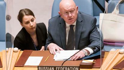 El embajador ruso ante la ONU, Vasili Nebenzia, en una reunión del Consejo de Seguridad sobre la central de Zaporiyia el día 23.