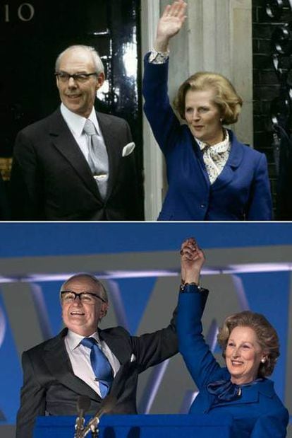 Margaret Thatcher y su marido Denis Thatcher., en el 10 de Downing Street, en 1979. Abajo, Meryl Streep, en su papel de <i>La dama de hierro.</i>