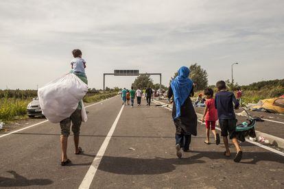 Refugiados caminan hacia la frontera entre Serbia y Croacia después de haberse encontrado que Hungría ha cerrado del todo su frontera con Serbia.