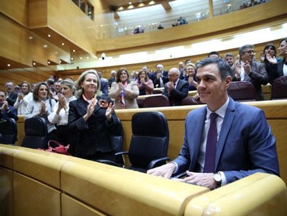 El presidente Pedro Sánchez y varios miembros del Gobierno, este martes en el Senado.