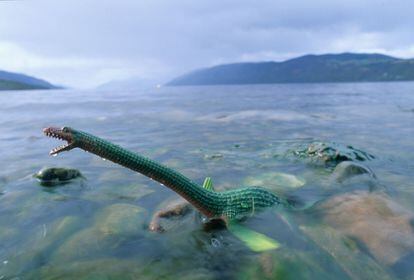 Un 'Nessie' de juguete en las aguas del lago Ness, en las Highlands escocesas (Reino Unido).
