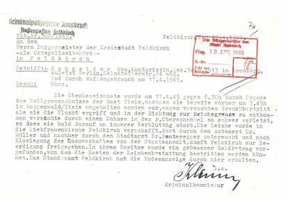 Informe de la policía judicial de Feldkirch al alcalde sobre la muerte de Hilda Monte en abril de 1945.
