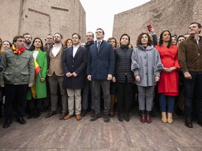 Representantes de Cs, PP y Vox, en la plaza de Colón de Madrid en un acto por la unidad de España, en febrero de 2019.