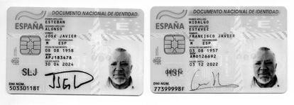 Dos DNI con identidades falsas y la foto de Villarejo, encontrados en su domicilio de Boadilla del Monte (Madrid).