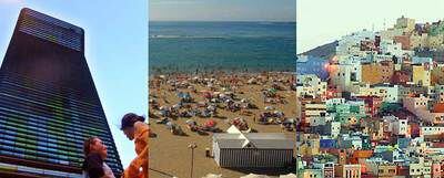 De izquierda a derecha, tres imágenes de Las Palmas de Gran Canaria: la torre Woermann (proyectada por el equipo Ábalos & Herreros), la playa de Las Canteras y las casas de colores de San Juan.