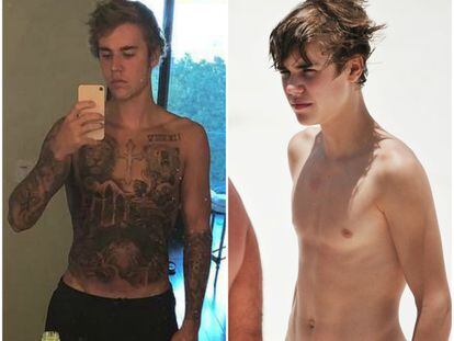 Cruces, ángeles, coronas, animales, esqueletos... En tan solo cinco años el cantante Justin Bieber ha transformado su cuerpo con los tatuajes. Hoy el canadiense, de 23 años, luce su torso completamente cubierto por tinta.