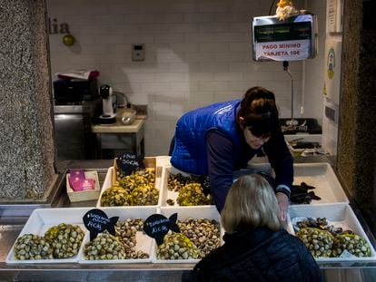 Venta de bivalvos en la plaza de Abastos de Santiago de Compostela, en los días previos a las comidas y cenas de la campaña de navidad.