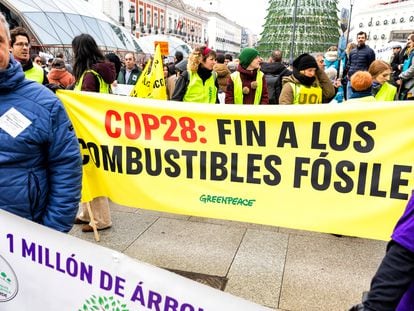 Manifestación por el fin de los combustibles fósiles y contra el cambio climático, este domingo en Madrid.