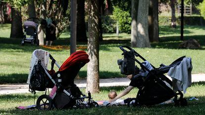 Una mujer junto a un bebé en un parque
