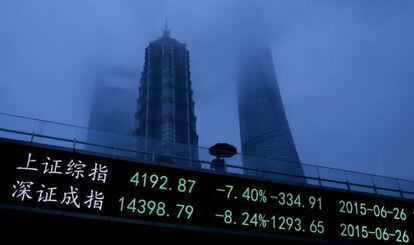 Un panel de cotizaciones de la Bolsa de Shangh&aacute;i, con varios rascacielos de fondo.