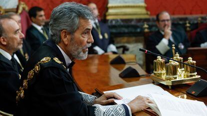 Carlos Lesmes, durante la toma de posesión del nuevo fiscal general del Estado, Álvaro García Ortiz, este lunes en el Tribunal Supremo, en Madrid.