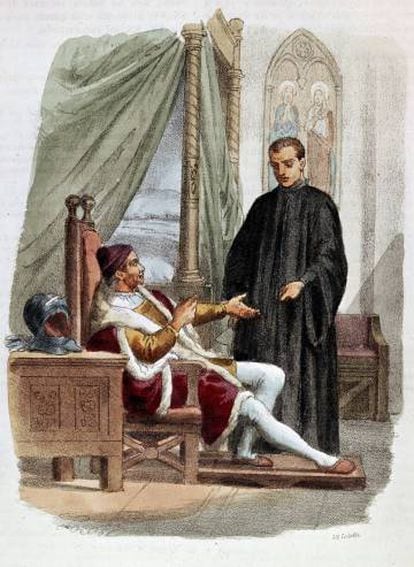 Ilustración de Alessandro Focosi que muestra a Maquiavelo (de pie) con el político italiano Pandolfo Petrucci.