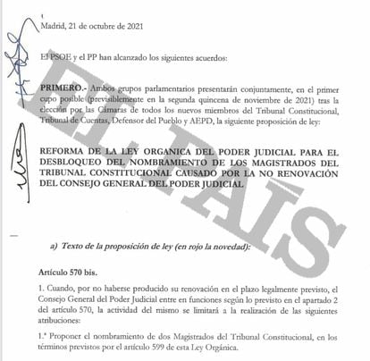 Encabezamiento del acuerdo entre el PP y el PSOE en octubre.