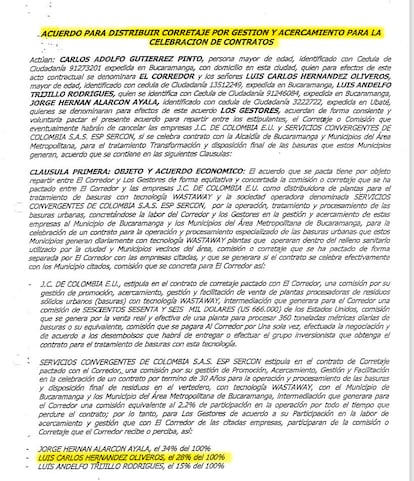 Documento en el que Luis Carlos Hernández, hijo de Rodolfo Hernández espera una comisión por la celebración del contrato de basuras.