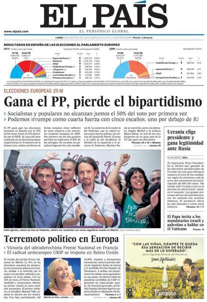 Portada del d&iacute;a despu&eacute;s de las elecciones europeas de mayo de 2015. El bipartidismo sufre un duro golpe y Podemos da la sorpresa e irrumpe con fuerza en Estrasburgo.