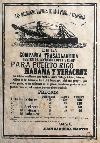 Cartel con las tarifas de los buques en los que viajaban los emigrantes canarios.