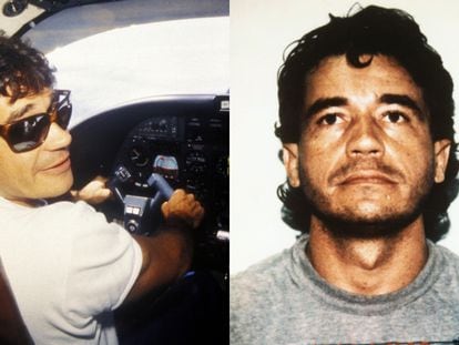 Izquierda, Carlos Lehder volando una aeronave. Derecha, Lehder en Estados Unidos, tras su extradición.