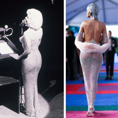 Marilyn Monroe, con su vestido de pedrería en la fiesta de 1962 en la que cantó el 'Cumpleaños feliz' a Kennedy. A la derecha, la cantante Rihanna con un vestido de cristales Swarovski, en los premios CFDA de 2014.