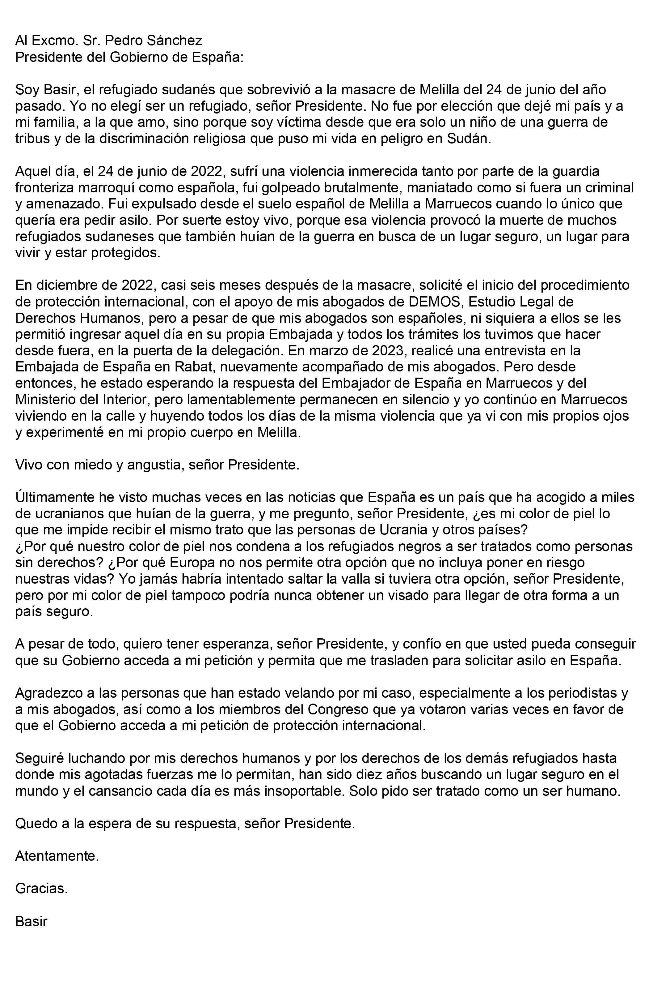 Traducción al español de la carta de Basir (nombre ficticio) al presidente del Gobierno, Pedro Sánchez. (Traducción: DEMOS).