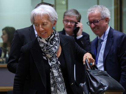 La presidenta del BCE, Christine Lagarde, durante el Eurogrupo de este lunes en Bruselas.