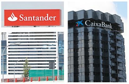 Ciudad Financiera de Santander (a la izquierda) en Boadilla del Monte (Madrid), y la sede en Barcelona de Caixabank.