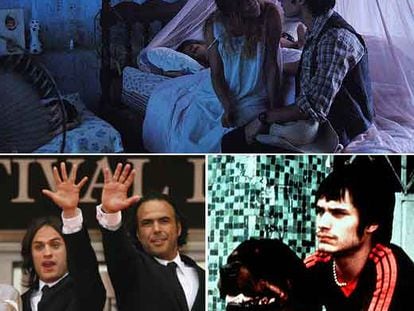 Arriba, Gael García en una escena de <i>Rudo y cursi;</i> abajo, a la izquierda, el actor, junto al director de <i>Babel</i>, Alejandro González Iñárritu, en el pasado Festival de Cannes; a la derecha, el actor en <i>Amores perros</i>.