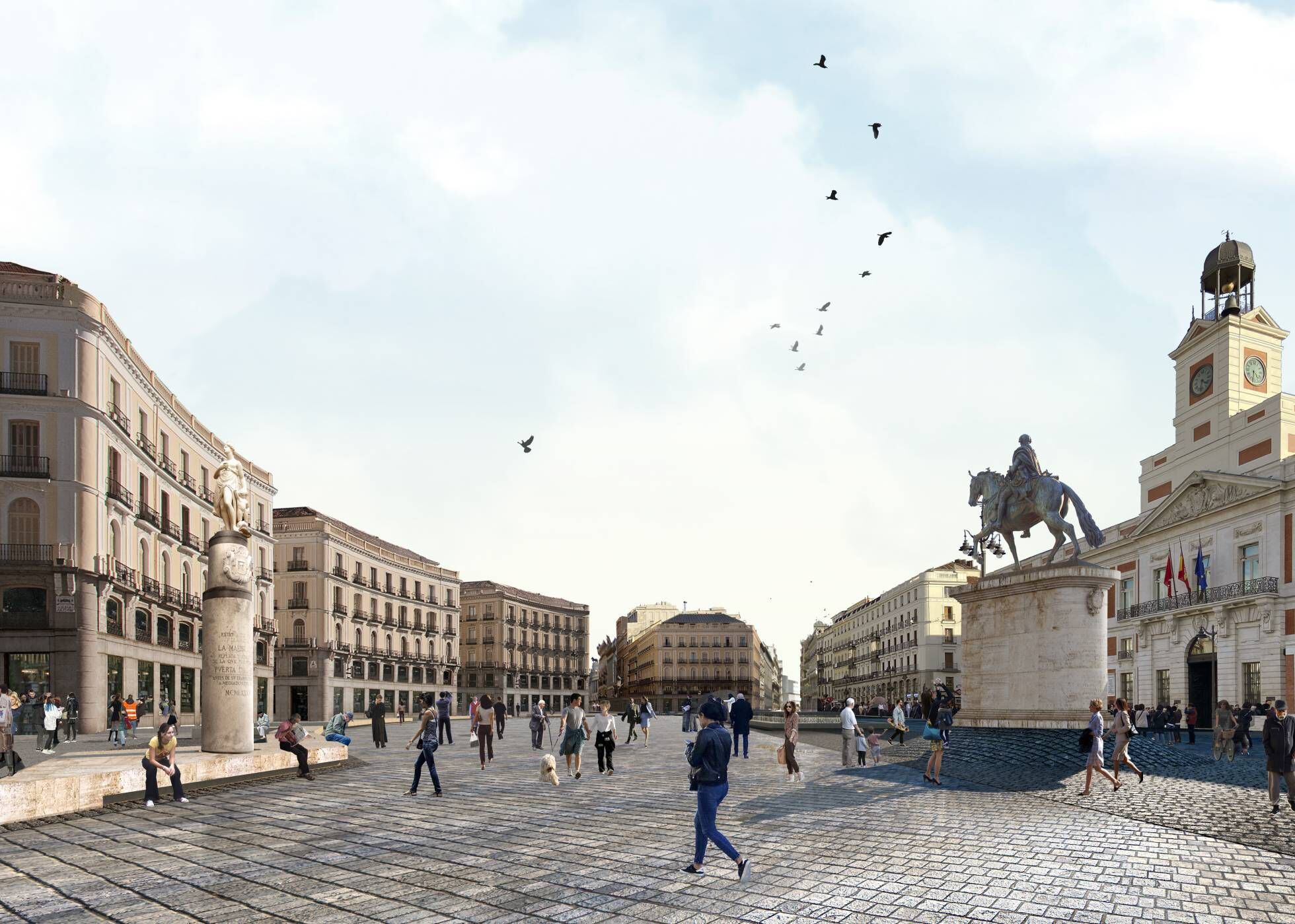 La Puerta del Sol, en Madrid, es una plaza sin zonas verdes, ni bancos