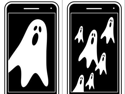 Vector illustration of a black smart phone woth a white ghost on the screen.