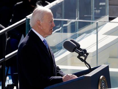 U.S. President Joe Biden speaks after being sworn in during the inauguration of Joe Biden as the 46th President of the United States on the West Front of the U.S. Capitol in Washington, U.S., January 20, 2021. REUTERS/Brendan McDermid