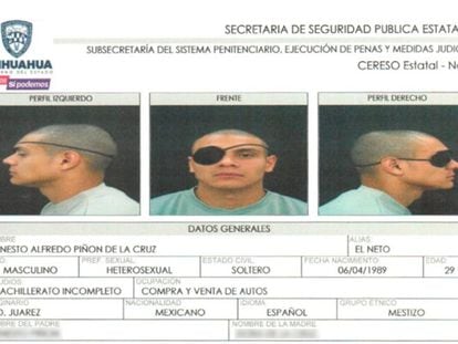Ficha policial de Ernesto Alfredo Piñón de la Cruz, alias 'El Neto'.