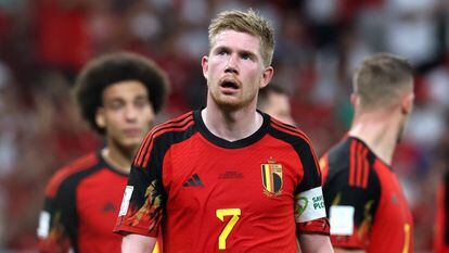27 November 2022, Qatar, Doha: Belgium's Kevin De Bruyne reacts after conceding a goal during the FIFA World Cup Qatar 2022 Group F soccer match between Belgium and Morocco at Al Thumama Stadium. Photo: Bruno Fahy/BELGA/dpa
27/11/2022 ONLY FOR USE IN SPAIN