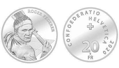 Moneda de plata de 20 francos suizos con la imagen de Federer.
