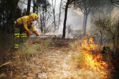Un bomberol del Infoca trabaja en el incendio forestal de Doñana.