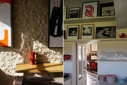 El jarrón lacado (izda.) es su pieza preferida de las que adquirió en Japón, en una pequeña tienda de un artesano de Kioto, y su cocina (dcha.), con una reproducción de Matisse y fotografías de Michael Kenna, Jean-Luc Chapin y su amigo el escritor Jean-Baptiste Del Amo.