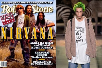 La camiseta de Kurt Cobain. A la izquierda, portada de la revista Rolling Stone de 1992 dedicada a la banda Nirvana. El disco Nevermind (publicado en septiembre de 1991) acababa de cambiar el curso de la industria de la música. Gracias a Smells Like Teen Spirit, el rock alternativo se había convertido en un éxito de masas. A la derecha, homenaje de Vetements a Nirvana con la camiseta «Corporate Magazines Still Suck (A Lot!)», de la colección del próximo invierno.