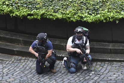 Dos policías armados frente al Parlamento.
