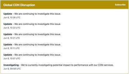 Captura del goteo de actualizaciones de Fastly sobre el incidente