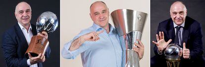 Laso, con los trofeos de la Liga ACB, la Euroliga y la Copa del Rey. acbmedia/euroleague