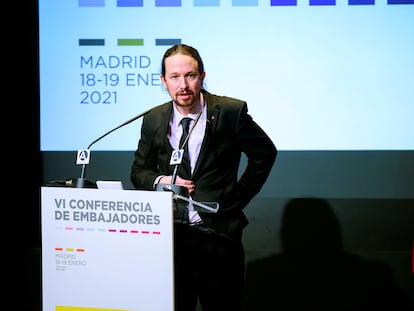 El vicepresidente segundo y líder de Podemos, Pablo Iglesias, durante su intervención el pasado martes en la reunión de embajadores de España organizada por el Ministerio de Asuntos Exteriores en Madrid.