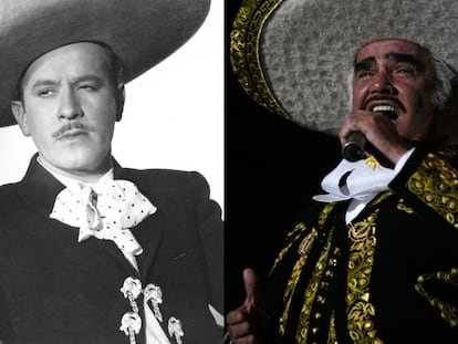 El actor y cantante Pedro Infante (izquierda) junto a Vicente Fernandez, a la derecha.