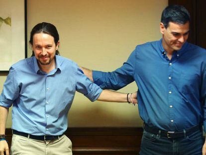 Pablo Iglesias y Pedro S&aacute;nchez durante una reuni&oacute;n en el Congreso de los Diputados.