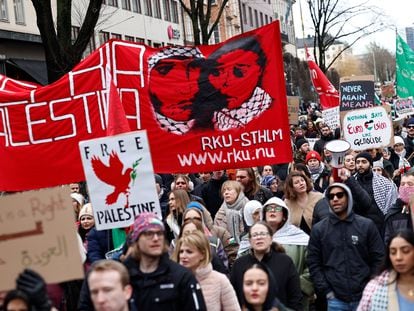 Manifestación contra la participación de Israel en el Festival de Eurovisión, celebrada el pasado día 17 en las calles de Estocolmo (Suecia).