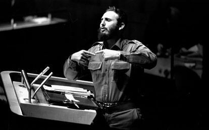 Fidel Castro durante su hist&oacute;rico discurso ante la ONU en 1960