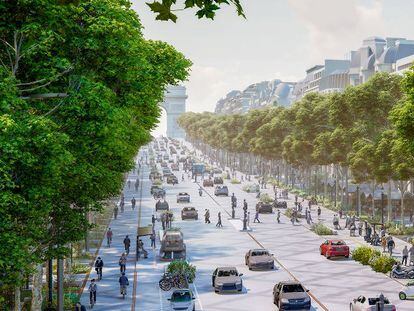 Imagen del proyecto de Philippe Chiambaretta para remodelar los Campos Elíseos, con menos carriles para los coches y más espacio para los peatones y el arbolado.