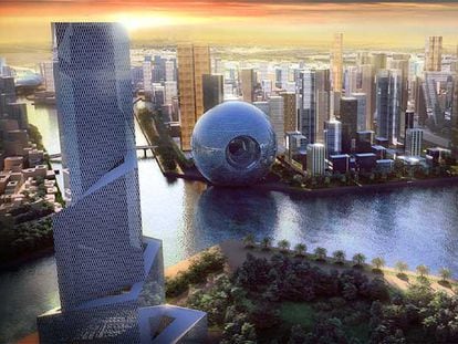 Imagen por ordenador de Waterfront City, el proyecto realizado para Dubai por la Oficina para la Arquitectura Metropolitana (OMA), que dirige Rem Koolhaas.