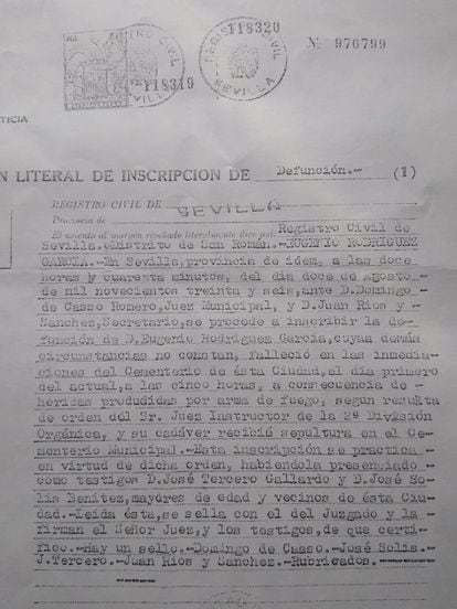 Acta de defunción de Eugenio Rodríguez, fusilado en la Guerra Civil. / CORTESÍA DE ÁNGEL RODRÍGUEZ