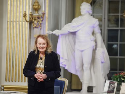 Annie Ernaux, este miércoles durante su discurso de recepción del Nobel en Estocolmo.