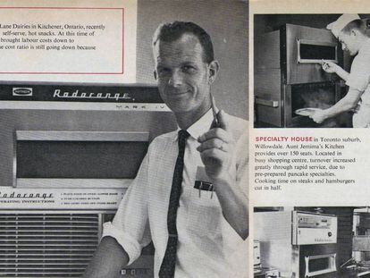 Publicidad del primer microondas comercial, Radarange, puesto a la venta en los años cuarenta.