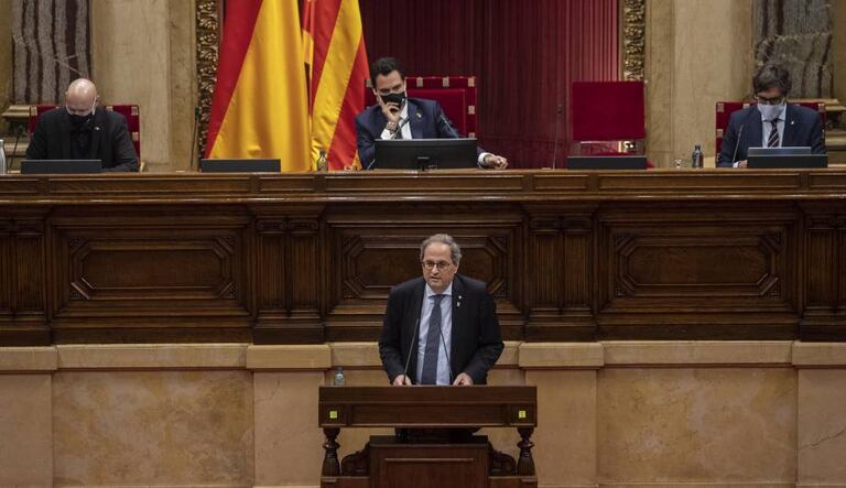 Quim Torra, en el pleno del Parlament sobre la Monarquía, este viernes.